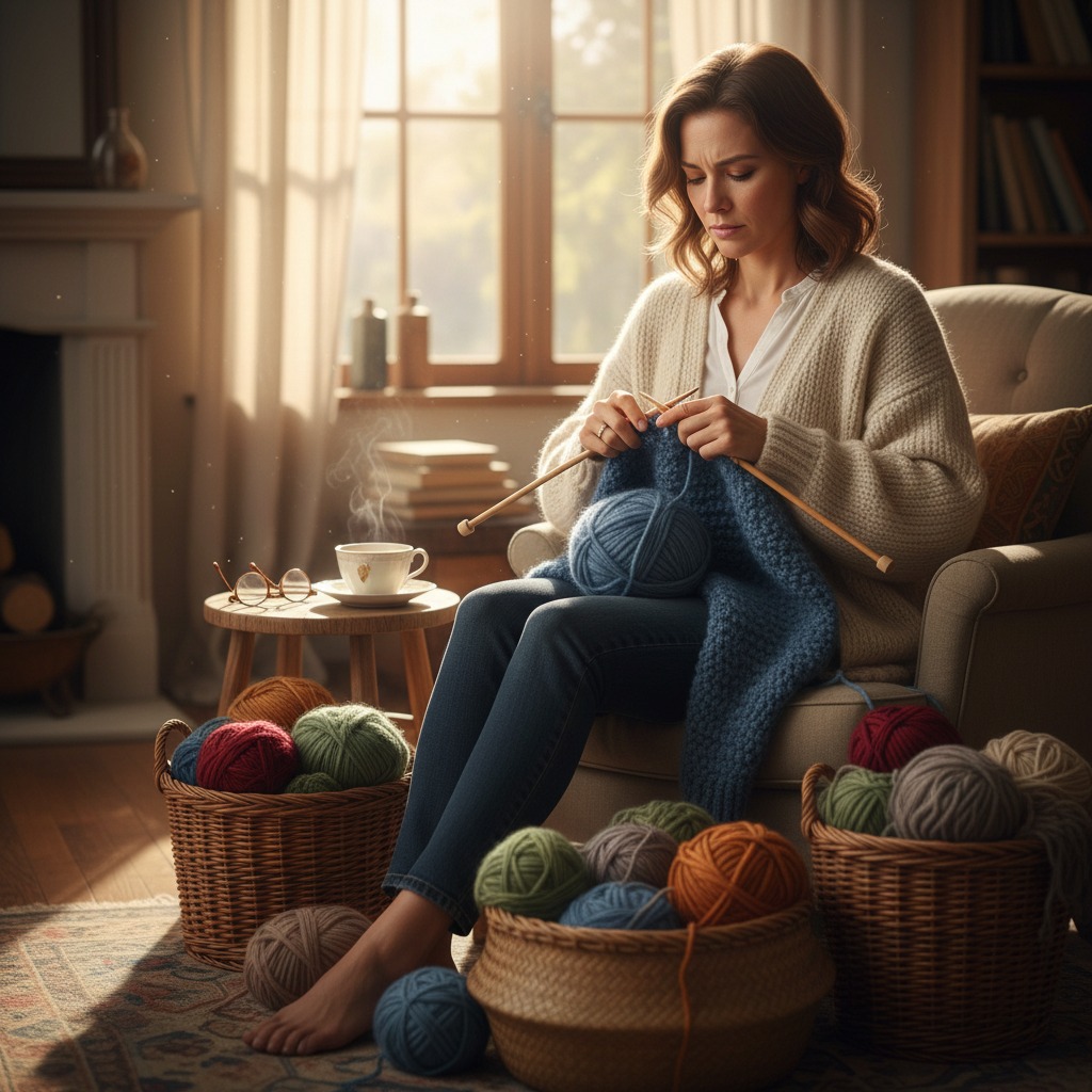 A woman sits in an armchair by a window knitting with blue yarn, surrounded by several baskets filled with colorful balls of wool.