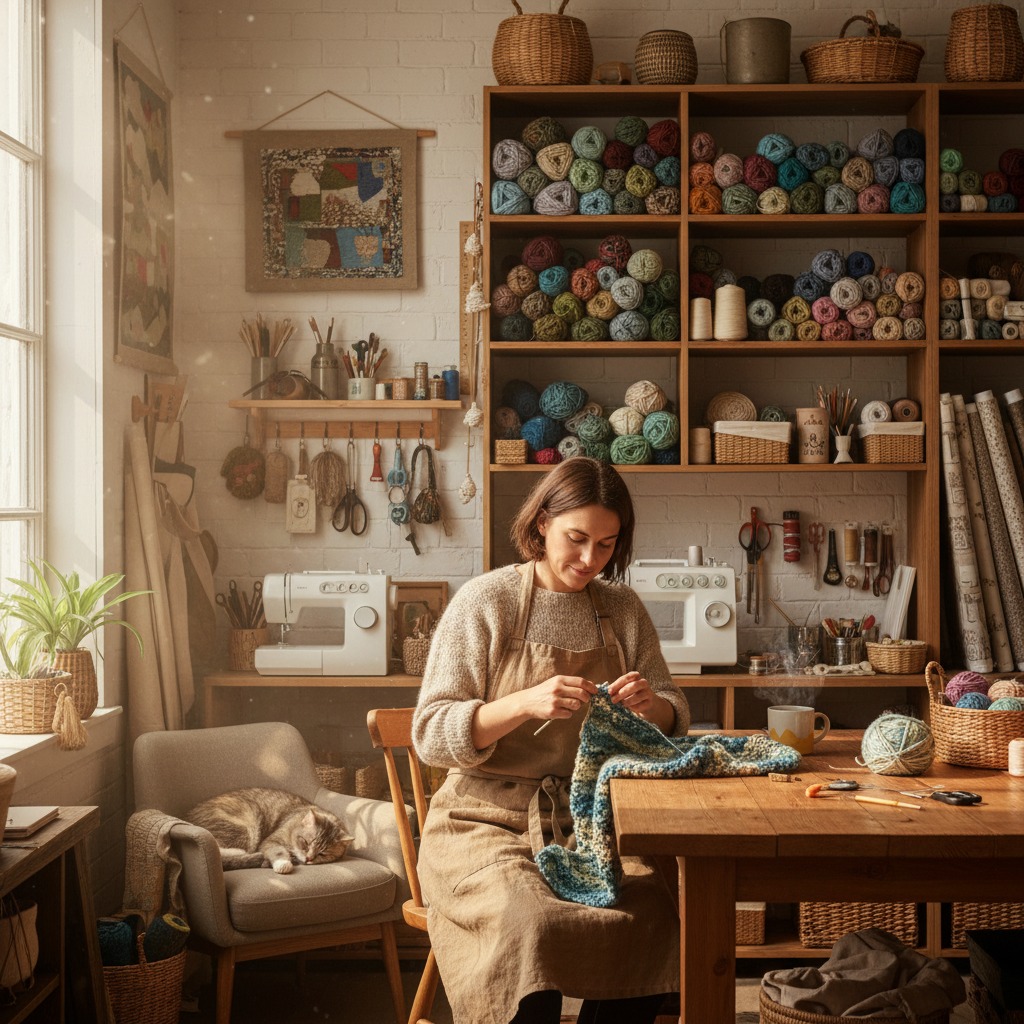 A woman in an apron sits at a wooden table knitting in a sunlit craft room filled with shelves of yarn and sewing supplies, while a cat sleeps in a nearby armchair.