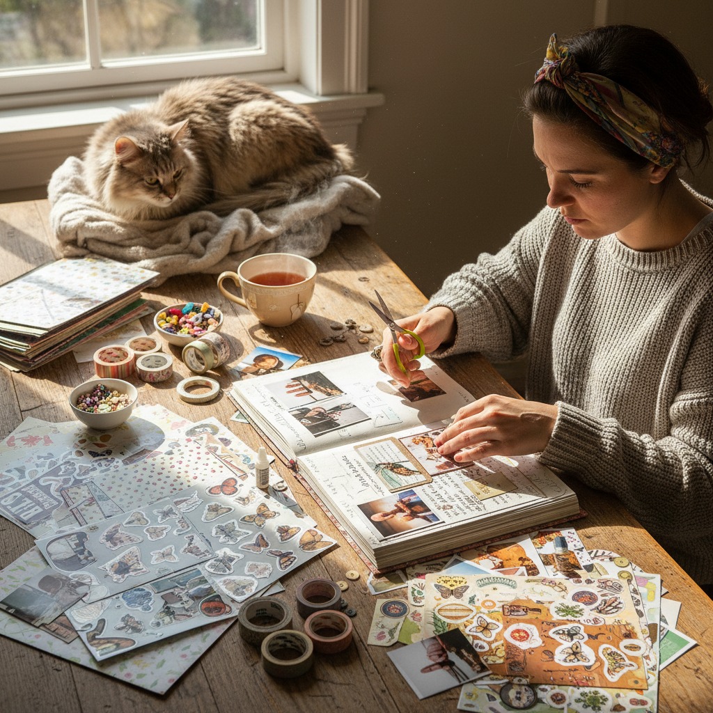 A woman sits at a wooden table in sunlight, crafting in a scrapbook while a fluffy cat rests on a blanket nearby.
